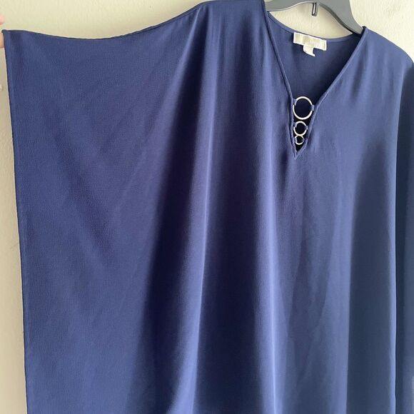 Michael Kors Poncho Blouse Top Womens Oversized M V Neck Navy Blue Chiffon - Picture 2 of 8